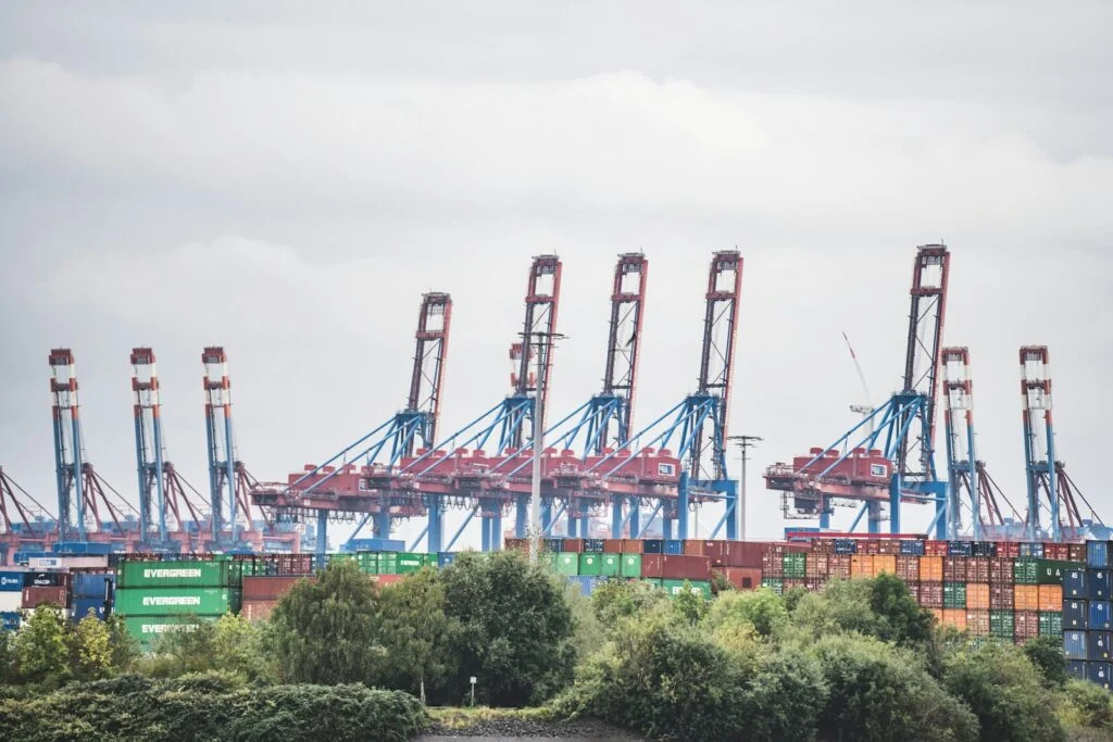 Stacked cargo containers at the docks of Hamburg's freight harbour